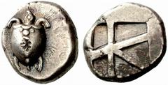 GRIECHISCHE MüNZEN AIGINA No: 51 Schätzpreis/Estimate CHF 1800 d=22 mm Stater, 480-450. Schildkröte mit Punktreihe auf dem Panzer. Rv. Quadratum incusum, durch fünf Balken in fünf unregelmässige Felde