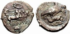 GREEK COINS SICILIA AKRAGAS. Tetradrachm (Silver) 411 BC, Akragas. Quadriga right, above flying Nike, in exergue: crab / / Eagle right, clutching dead hare in its talons. Franke/Hirmer pl. 61, 178; Ri