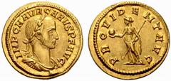 ROMAN COINS COINS OF THE ROMAN EMPIRE Carus, 282-283 AD Aureus (Gold) 282-283 AD, Rome and Ticinum. IMP C M AVR CARVS P F AVG. Laureate, draped and cuirassed bust right / / PROVIDENT AVG. Providentia 
