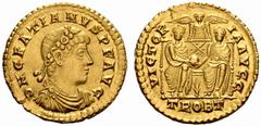ROMAN COINS COINS OF THE ROMAN EMPIRE Gratianus, 367-383 AD Solidus (Gold) 367-375 AD, Treveri. DN GRATIANVS P F AVG. Diademed, draped and cuirassed bust right / / VICTOR - IA AVGG. Two emperors seate