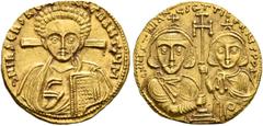 BYZANTINE COINS BYZANTINE COINS. JUSTINIANUS II, second reign, AD 705-711. Solidus, Constantinople, with his son Tiberius. AV 4.33 g. dN IhS ChS RЄX RЄGNANTIyM Facing bust of Christ with curly hair, c