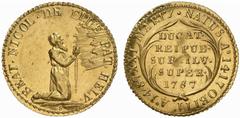 EUROPEAN COINS & MEDALS SCHWEIZ OBWALDEN Dukat 1787. Offizielle Nachprägung von 1860. BEAT. NICOL. DE FLUE PAT. HELV. Heiler Nikolaus knieend nach rechts // NATUS A. 1417 OBIIT A.1487 XXI MARTY. In Kr