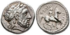 Grecia Antigua REYES DE MACEDONIA, Filipo II. Tetradracma. (Ar. 14,48g/23mm). 359-336 a.C. Amphipolis, acuñada bajo Antipater, Polyperchon o Kassander. (SNG ANS 749). Anv: Cabeza laureada de Zeus a de