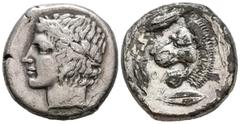Grecia Antigua SICILIA, Leonti. Tetradracma. (Ar. 16,30g/26mm). 430-425 a.C. (SNG ANS 257). Anv: Cabeza laureada de Apolo a izquierda. Rev: Cabeza de león a izquierda, alrededor tres puntas de flecha,