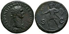 Imperio Romano DOMICIANO. Dupondio. (Ae. 13,46g/28mm). 85 d.C. Roma. (RIC 293). Anv: Busto radiado de Domiciano a derecha, alrededor leyenda: IMP CAES DOMITIAN AVG GERM COS XI. Rev: Marte avanzando a 