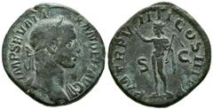 Imperio Romano ALEJANDRO SEVERO. Sestercio. (Ae. 19,48g/30mm). 230 d.C. Roma. (RIC 500). Anv: Cabeza laureada de Alejandro Severo a derecha, alrededor leyenda: IMP SEV ALEXANDER AVG. Rev: Sol estante 