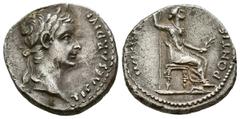 Imperio Romano TIBERIO. Denario. (Ar. 3,72g/18mm). 36-37 d.C. Lugdunum. (RIC 30). Anv: Cabeza de Tiberio a derecha, alrededor leyenda: TI CAESAR DIVI AVG AVGVSTVS. Rev: Livia sentada a derecha con ram