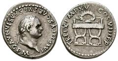 Imperio Romano TITO. Denario. (Ar. 3,43g/18mm). 80 a.C. Roma. (RIC 108). Anv: Cabeza laureada de Tito a derecha, alrededor leyenda: IMP TITVS CAES VESPASIAN AVG P M. Rev: Silla curul, encima corona de