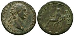 Imperio Romano TRAJANO. Dupondio. (Ae. 11,76g/27mm). 98-99 d.C. Roma. (RIC 398). Anv: Cabeza radiada de Trajano a derecha, alrededor leyenda: IMP CAES NERVA TRAIAN AVG GERM P M. Rev: Abundantia sentad