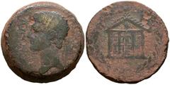 Hispania Antigua GADES (Cádiz). Dupondio. (Ae. 34,72g/36mm). 27 a.C.-14 d.C. (FAB-1385). Anv: Cabeza de Augusto a izquierda, delante leyenda: AVGVSTVS. Rev: Templo tetrástilo dentro de corona de laure