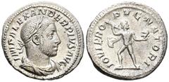 Imperio Romano ALEJANDRO SEVERO. Denario. (Ar. 3,06g/19mm). 232 d.C. Roma. (RIC 238). Anv: Busto laureado y drapeado de Alejandro Severo a derecha, arededor leyenda: IMP ALEXANDER PIVS AVG. Rev: Júpit