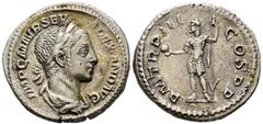 Imperio Romano ALEJANDRO SEVERO. Denario. (Ar. 3,03g/20mm). 224 d.C. Roma. (RIC 44). Anv: Busto laureado y drapeado de Alejandro Severo a derecha, alrededor leyenda: IMP C M AVR SEV ALEXAND AVG. Rev: 