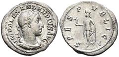 Imperio Romano ALEJANDRO SEVERO. Denario. (Ar. 2,75g/21mm). 232 d.C. Roma. (RIC 254). Anv: Busto laureado y drapeado de Alejandro Severo a derecha, alrededor leyenda: IMP ALEXANDER PIVS AVG. Rev: Spes