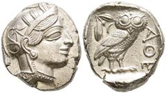 Grecia Antigua ATTICA, Atenas. Tetradracma. (Ar. 17,18g/26mm). 454-404 a.C. (SNG Copenhagen 31). Anv: Cabeza de Atenas con casco ático con cresta a derecha. Rev: Búho estante a derecha mirando de fren