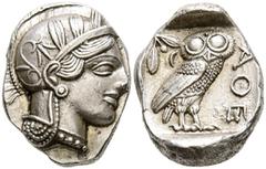Grecia Antigua ATTICA, Atenas. Tetradracma. (Ar. 17,18g/27mm). 454-404 a.C. (SNG Copenhague 31). Anv: Cabeza de Atenas con casco ático con cresta a derecha. Rev: Búho estante a derecha mirando de fren