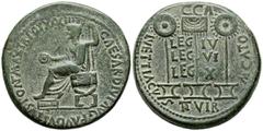 Hispania Antigua CAESARAUGUSTA (Zaragoza). Dupondio. (Ae. 20,98g/32mm). 14-36 d.C. (FAB-344). Anv: Tiberio sentado a izquierda sobre silla curull portando patera y cetro, alrededor leyenda: TI CAESAR 