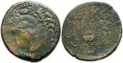 Hispania Antigua GADES (Cádiz). Dupondio. (Ae. 14,05g/31mm). 27 a.C.-14 d.C. (FAB-1377). Anv: Cabeza de Hércules con piel de león a izquierda, detrás clava. Rev: Cuchillo, símpulo y hacha, alrededor l