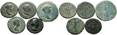 Imperio Romano Conjunto de 5 monedas de bronce de distintos emperadores y emperatrices del alto imperio romano, destacando un As de Nerón, un Dupondio de Vespasiano y un Sestercio de Trajano. A EXAMIN