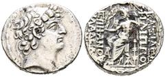 Grecia Antigua REINO SELEUCIDA, Filipo I Filadelfos. Tetradracma. (Ar. 15,07g/28mm). 93-83 a.C. Antioquía. (Seaby 7196). Anv: Cabeza laureada de Filipo I a derecha. Rev: Zeus sentado a izquierda porta