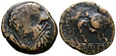 Hispania Antigua CARISA (cerca de Bornos, Cádiz). Semis acuñado sobre otro semis de Cástulo. (Ae. 4,47g/20mm). 50 a.C. (MIB 194/14). Anv: Cabeza masculina a derecha. Rev: Jinete con lanza y escudo a d
