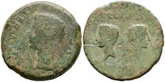 Hispania Antigua IULIA TRADUCTA (Algeciras, Cádiz). Dupondio. (Ae. 15,69g/32mm). 27 a.C.-14 d.C. (FAB-1610). Anv: Cabeza de Augusto a izquierda, alrededor leyenda: PERM CAES AVG. Rev: Cabezas de Cayo 