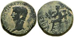 Imperio Romano CLAUDIO I. Dupondio. (Ae. 13,97g/29mm). 41-42 d.C. Roma. (RIC 94). Anv: Cabeza de Claudio I a izquierda, alrededor leyenda: TI CLAVDIVS CAESAR AVG P M TR P IMP. Rev: Ceres sentado a izq
