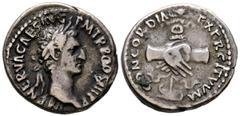 Imperio Romano NERVA. Denario. (Ar. 3,38g/18mm). 79 d.C. Roma. (RIC 27). Anv: Cabeza laureada de Nerva a derecha, alrededor leyenda: IMP NERVA CAES AVG P M TR P II COS III P P. Rev: Manos entrelazadas