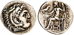 Alejandro III Magno. Dracma. 336-323 a.C. Anv.: Cabeza de Herakles a derecha recubierta con piel de leÛn. Rev.: Zeus sobre trono a izquierda con cetro y ·guila, detr·s leyenda griega. MU-934. Ar. 4,24