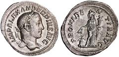 Alejandro Severo. Denario. 231-235 d.C. Anv.: IMP. ALEXANDER PIVS AVG. Busto con la˙rea a derecha. Rev.: PROVIDENTIA AVG. Annona en pipe a izquierda con espigas, ·ncora y modio a sus pies. CH-508. Ar.