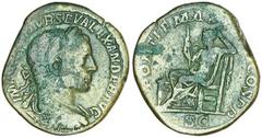 Alejandro Severo. Sestercio. 223 d.C. Anv.: IMP. CAES. M. AVR. SEV. ALEXANDER. AVG. Busto con la˙rea y revestido a derecha. Rev.: PONTIF. MAX. TR. P. III. COS. P. P. S. C. Alejandro Severo sentado a i