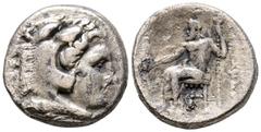 Monedas Griegas REYES DE MACEDONIA, Alejandro III el Grande. Dracma. (Ar. 3,90g/15mm). 336-323 a.C. Lampsakos. (Price 1398). Anv: Cabeza de Heracles con piel de león a derecha. Rev: Zeus sentado a izq
