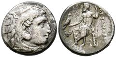 Monedas Griegas REYES DE MACEDONIA, Alejandro III el Grande. Dracma. (Ar. 4,02g/17mm). 336-323 a.C. Lampsakos. (Price 1505). Anv: Cabeza de Heracles con piel de león a derecha. Rev: Zeus sentado a izq