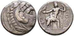 Monedas Griegas REINO DE MACEDONIA. Kassander, en nombre de Alejandro III. Tetradracma. (Ar. 16,55g/25mm). 315-294 a.C. Anfípolis. (Price 443) Anv: Cabeza de Herakles a derecha, con tocado de piel de 