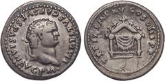 Tito. Denario. 80 d.C. Roma. Anv.: IMP. TITVS. CAES. VESPASIAN. AVG. P. M. Busto con láurea a derecha. Rev.: TR. P. IX. IMP. XV. COS. VIII. P. P. Trono ornamentado con respaldo triangular. RC-2497. RI