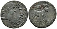 Celtiberian coins CELSA. As. Epoca de Augusto. 27 a.C.-14 d.C. Velilla de Ebro (Zaragoza) A/ Cabeza de Augusto a derecha. COL·V·I·CELSA II·VIR. R/ Toro parado a derecha, encima L·POMPE·BVCCO, debajo L