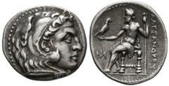 Ancient Greek coins JONIA, Miletos. Dracma. Acuñación a nombre de Alejandro III de Macedonia. 295-275 a.C. A/ Cabeza de Herakles a derecha con tocado de piel de león. R/ Zeus Artophoros sedente a izqu