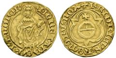 World coins ALEMANIA, Federico III (1440-1493). Florín de Oro de San Juan Bautista. (Au. 3,37g/22mm). 1440-1451. Frankfurt. Fréderic III con el título de rey de los Romanos. Reverso con el globo imper