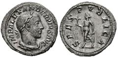 Imperio Romano SEVERUS ALEXANDER. Denarius. (Ar. 3.10g / 20mm). 232 AD Rome. (RIC 254). Anv: Laureate and draped bust of Alejandro Severo on the right, around the legend: IMP ALEXANDER PIVS AVG. Rev: 