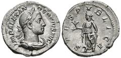 Imperio Romano SEVERUS ALEXANDER. Denarius. (Ar. 3.10g / 20mm). 232 AD Rome. (RIC 254). Anv: Laureate and draped bust of Alejandro Severo on the right, around the legend: IMP ALEXANDER PIVS AVG. Rev: 