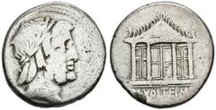 República Romana GENS VOLTEIA. Denarius. (Ar. 3.69g / 18mm). 78 BC Rome. (FFC 1234; Crawford 358/1). Anv: Laureate head of Jupiter on the right. Rev: Tetra-style temple of Capitoline Jupiter, in the r