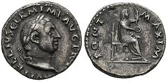 Imperio Romano VITELLIUS. Denarius (Ar. 2.93g / 18mm). 69 AD Rome (RIC 107). Anv: Laureate head of Vitellius on the right, around legend: VITELLIVS GERM IMP AVG TR P. Rev: Vesta sitting on the right w