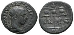 Imperio Romano SEVERUS ALEXANDER. Be20. (Ae. 4.13g / 20mm). 222-235 AD Bithynia. (SNG Copenhagen 520). Anv: Radiated and draped bust of Alejandro Severo on the right, around the legend. Rev: Three ban