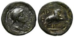 Ancient Greek coins GALIA, Massalia. Be15. (Ae. 2.04g / 15mm). 49 BC (MHN 81?). Anv: Female head with helmet on the right, front legend: MAS ?. Rev: Rampant lion to the right. Almost Very Fine. Scarce