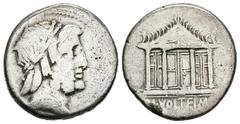 Roman Republic GENS VOLTEIA. Denarius. (Ar. 3.69g / 18mm). 78 BC Rome. (FFC 1234; Crawford 358/1). Anv: Laureate head of Jupiter on the right. Rev: Tetra-style temple of Capitoline Jupiter, in the ray