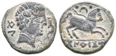 Hispania Antigua CONTEBACOM BEL (Botorria, Zaragoza). Semis. (Ae. 4,90g/20mm). 120-80 a.C. (FAB-864). Anv: Cabeza masculina a derecha, delante delfín, detrás letras ibéricas: BeL. Rev: Caballo a derec