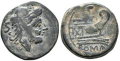 República Romana ACUÑACIONES ANONIMAS. Semis. (Ae. 7,79g/17mm). 211-206 a.C. (Crawford 56/3). Anv: Cabeza de Saturno a derecha, detrás S. Rev: Proa a derecha, encima S, debajo: ROMA. MBC. Flan grande.