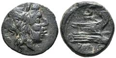 República Romana ACUÑACIONES ANONIMAS. Semis. (Ae. 5,08g/23mm). 211-206 a.C. (Crawford 56/3). Anv: Cabeza de Saturno a derecha, detrás S. Rev: Proa a derecha, encima S, debajo: ROMA. MBC-.