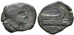 República Romana ACUÑACIONES ANONIMAS. Semis. (Ae. 7,20g/22mm). 211-206 a.C. (Crawford 56/3 var). Anv: Cabeza de Saturno a derecha, detrás S. Rev: Proa a derecha, encima S y símbolo, debajo: ROMA. MBC