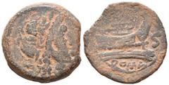 República Romana ACUÑACIONES ANONIMAS. Semis. (Ae. 11,47g/25mm). 169-158 a.C. Roma. (Crawford 195/2). Anv: Cabeza diademada de Saturno, detrás S. Rev: Proa a derecha, delante: S, debajo: ROMA. MBC-.