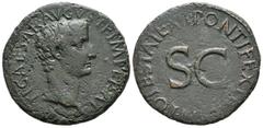 Imperio Romano TIBERIO. As. (Ae. 10,32g/29mm). 10-11 d.C. Roma. (RIC 469). Anv: Cabeza de Tiberio a derecha, alrededor leyenda: TI CAESAR AVGVST F IMPERAT V. Rev: SC, alredor leyenda: PONTIFEX TRIBVN 